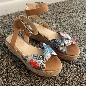 Jessica Simpson Platform Brown Leather Woven Wedge with Floral Silk Detail 6 M